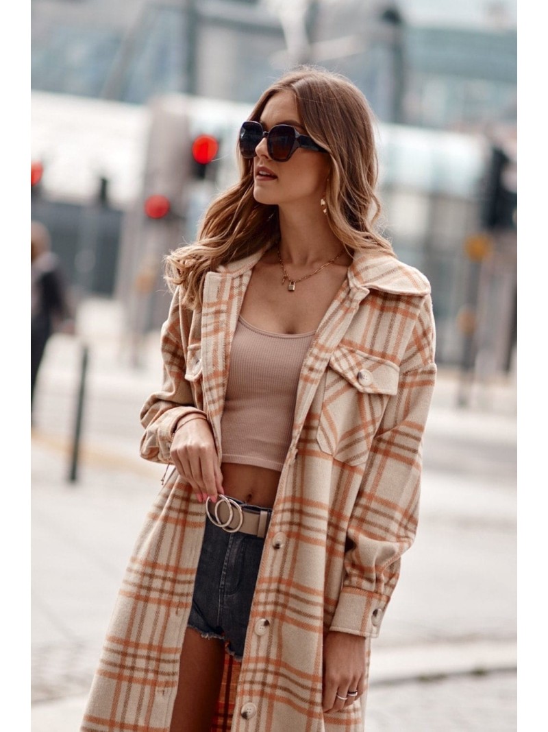 Women\'s beige orange checkered shirt coat 8892 - Online store - Boutique